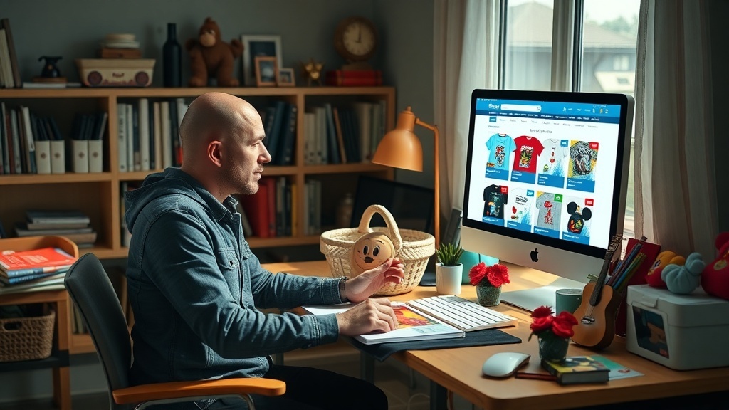 A person working from home, looking at Disney merchandise on a computer screen.