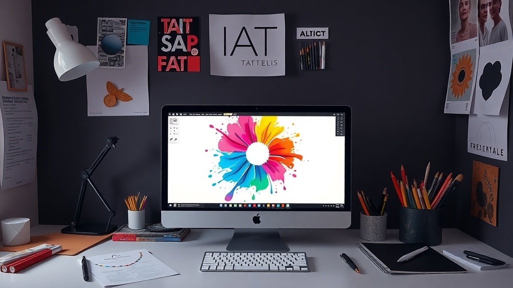 A creative workspace featuring a computer with a colorful graphic design on the screen, surrounded by art supplies and sketches.