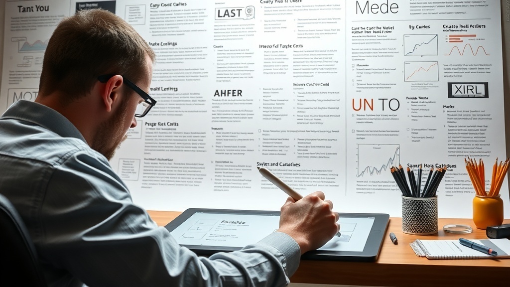 A graphic designer working on a tablet with design notes in the background.