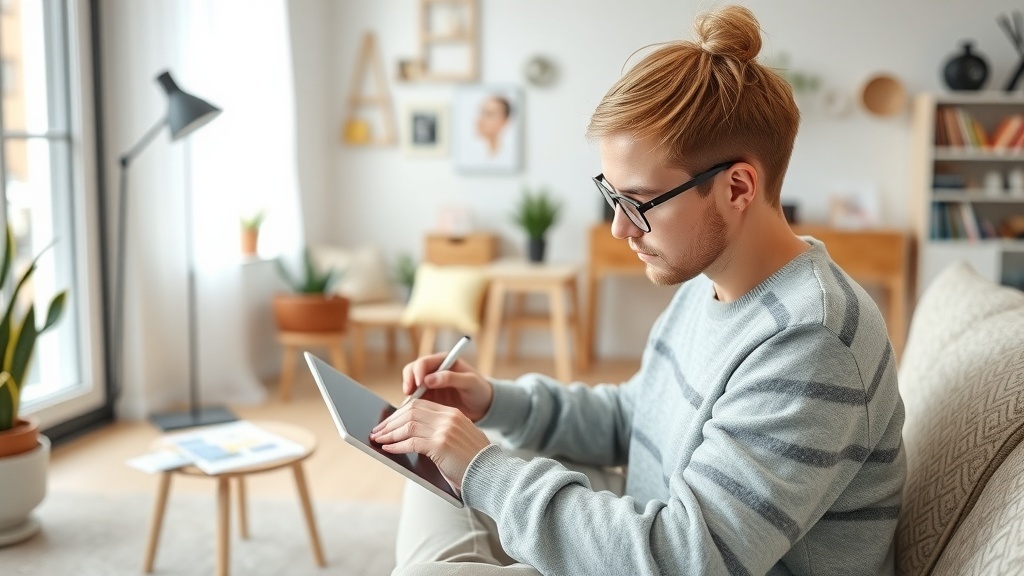 A person working as a remote graphic designer, focused on a tablet in a cozy home environment.