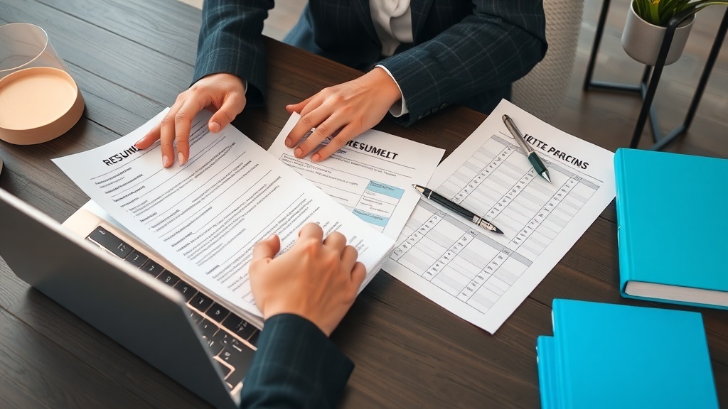 A professional reviewing resumes and organizing information in a remote work setting.