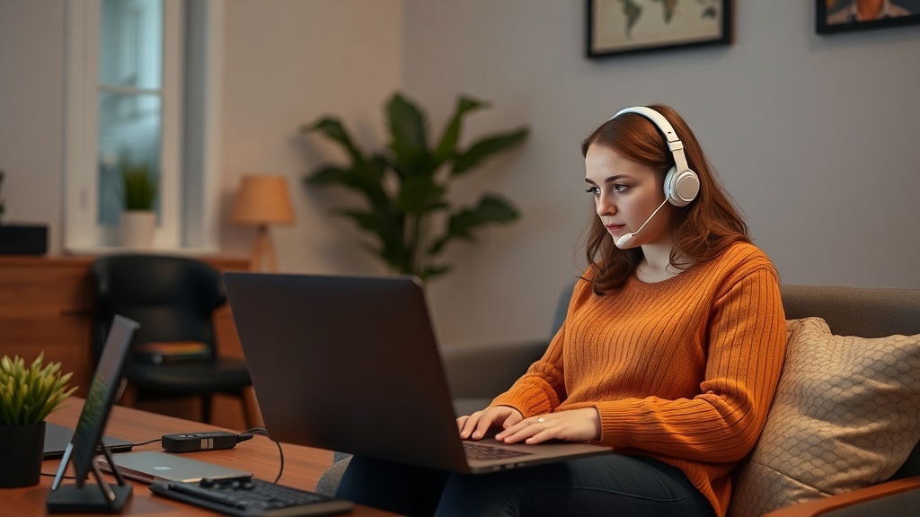 A woman providing remote IT support while working on a laptop at home.