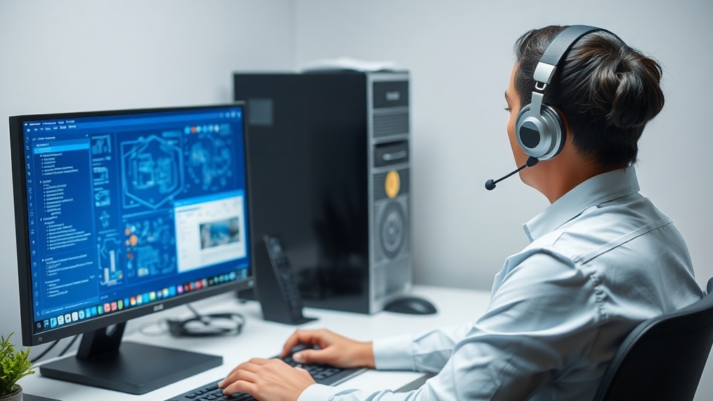 A person providing remote IT support, wearing a headset and working on a computer.