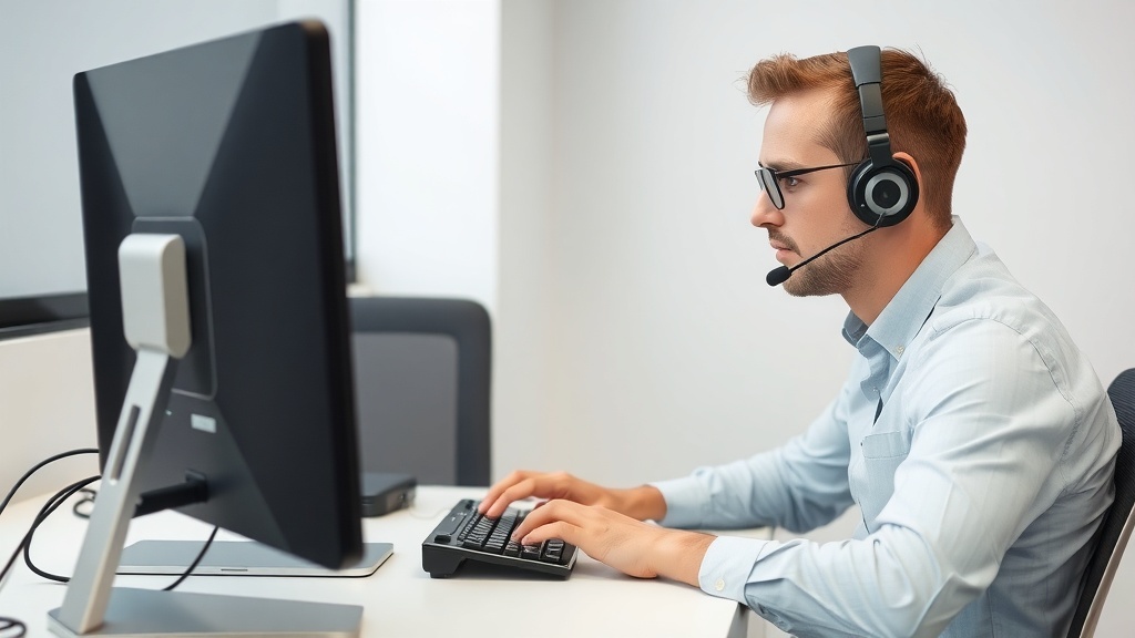 A focused IT support technician wearing a headset, working on a computer.
