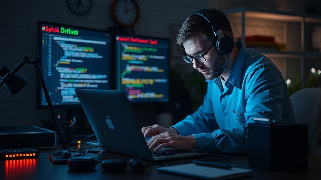 A person working on a laptop with multiple screens displaying code, wearing headphones, in a dimly lit room.