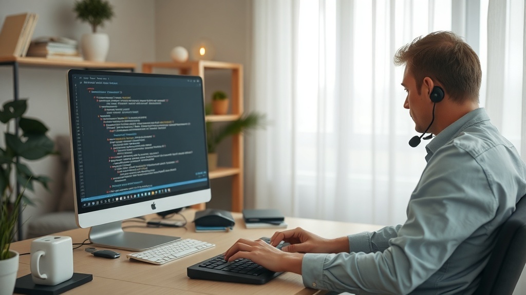 A person providing remote IT support while working on a computer with a headset.