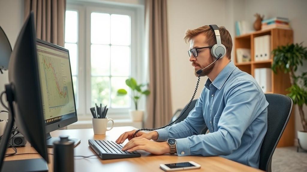 A person providing remote IT support, wearing a headset and working on a computer.