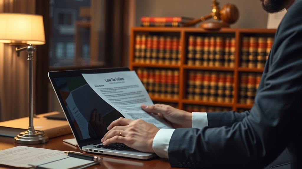 A professional in a suit working on a laptop in a law office setting, surrounded by law books and a gavel.