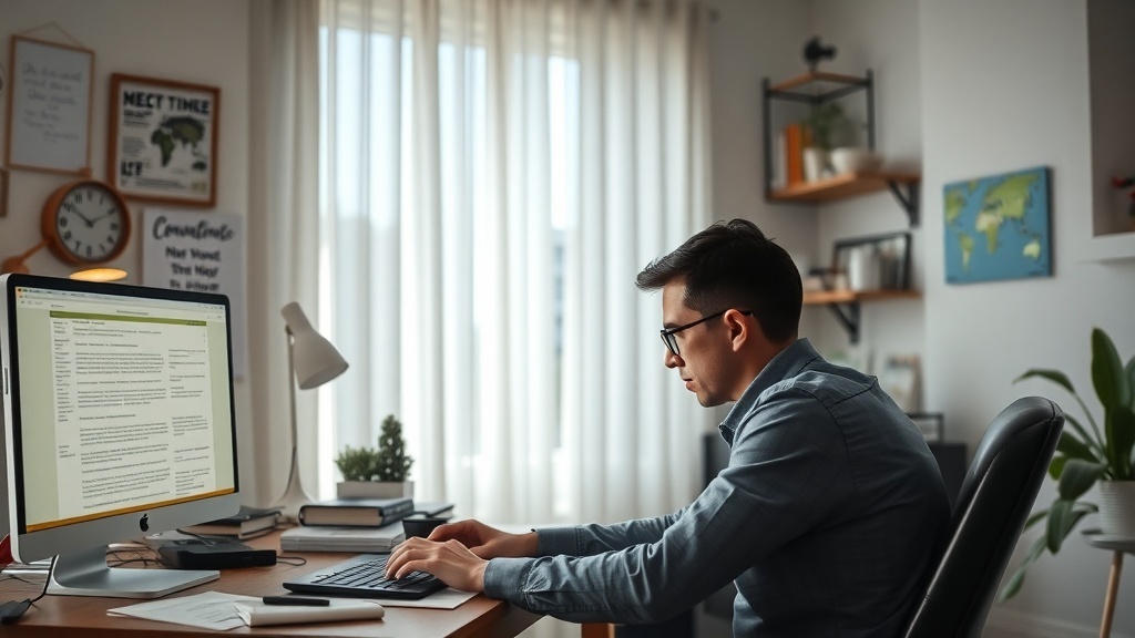 A person working at a desk with a computer, focused on typing.