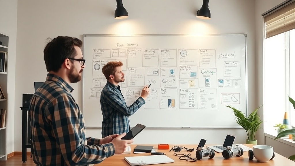 Two professionals brainstorming in a home office with a whiteboard filled with notes and diagrams.