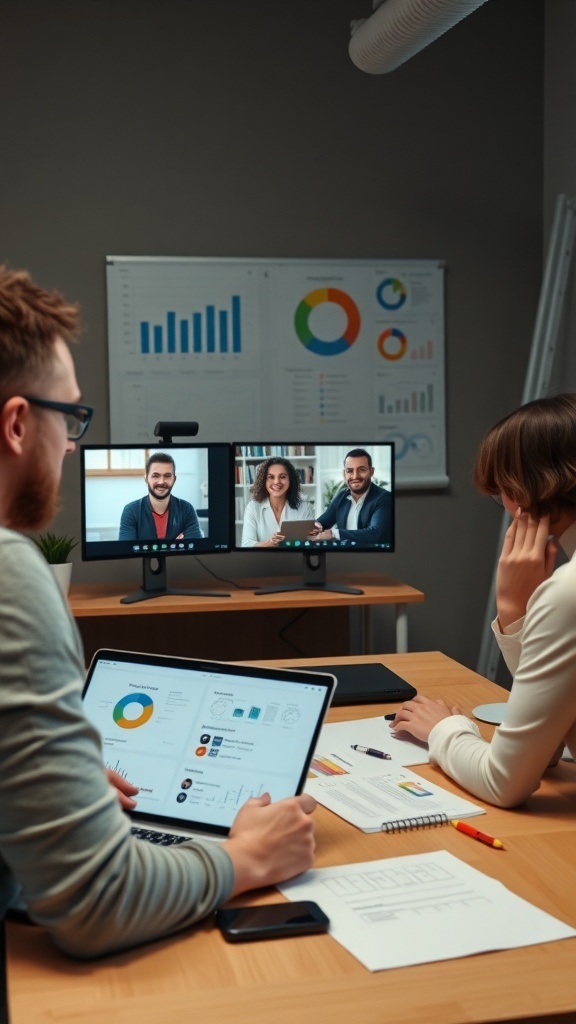 A group of professionals engaged in a remote project management meeting, with graphs and charts displayed on screens.