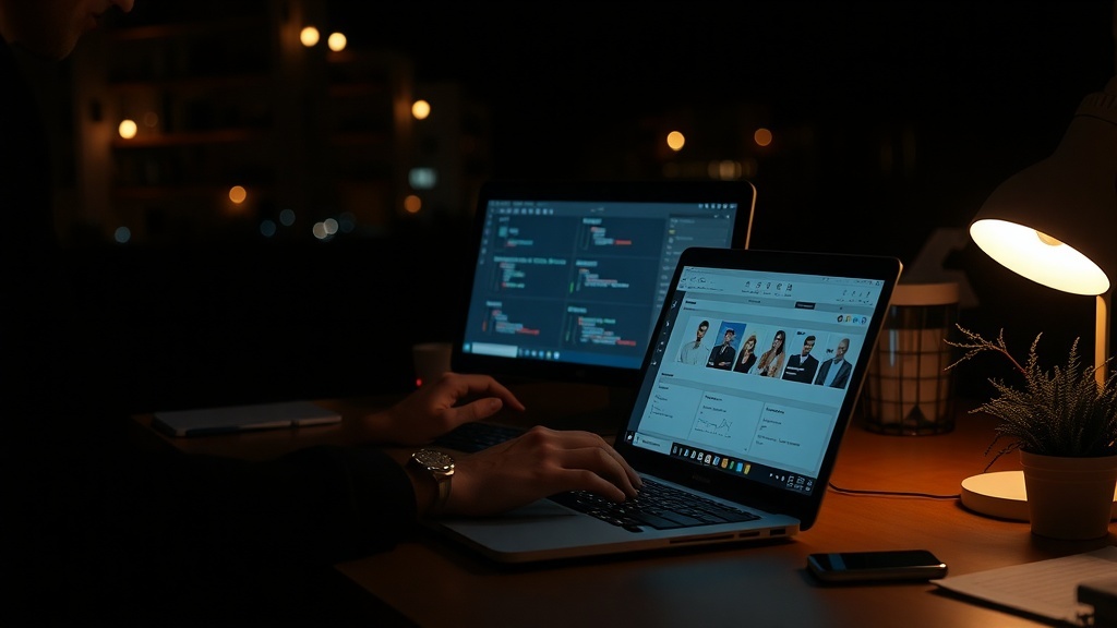 A person working on two laptops at night, managing projects with a lamp illuminating the workspace.