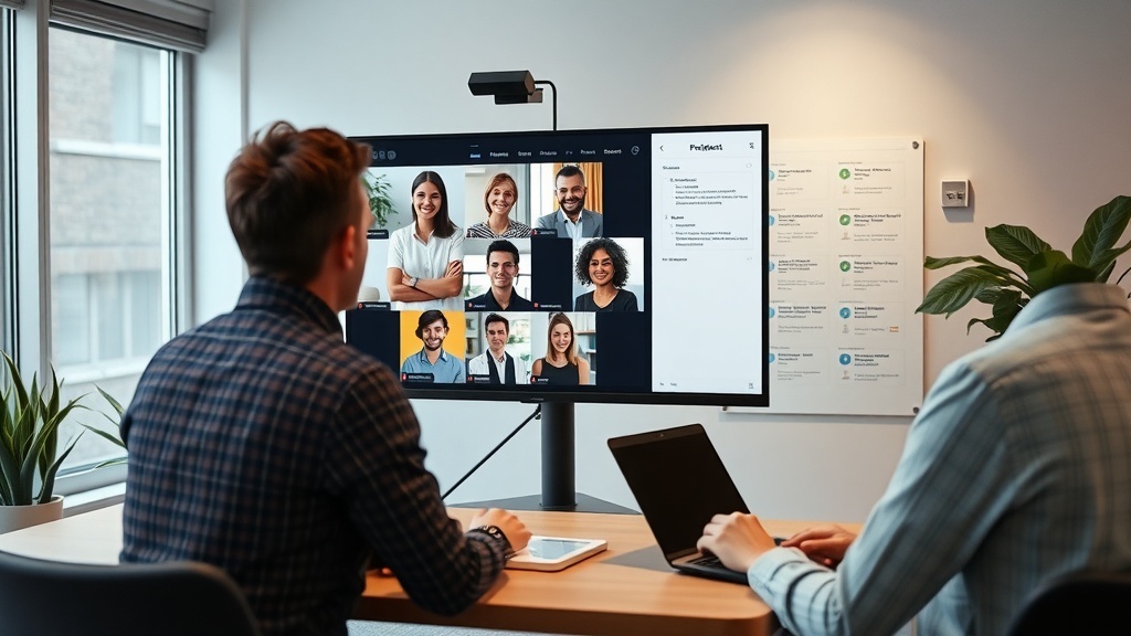 A group of professionals in a virtual meeting for project management.