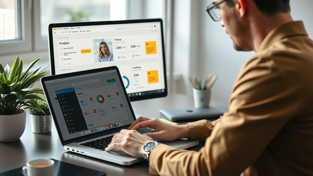 A person managing projects on a laptop with a second screen displaying project data, surrounded by plants in a home office.