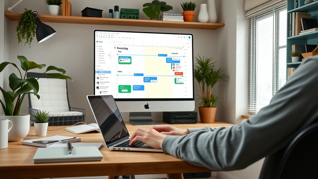 A remote workspace featuring a computer with project management software, a laptop, and plants.