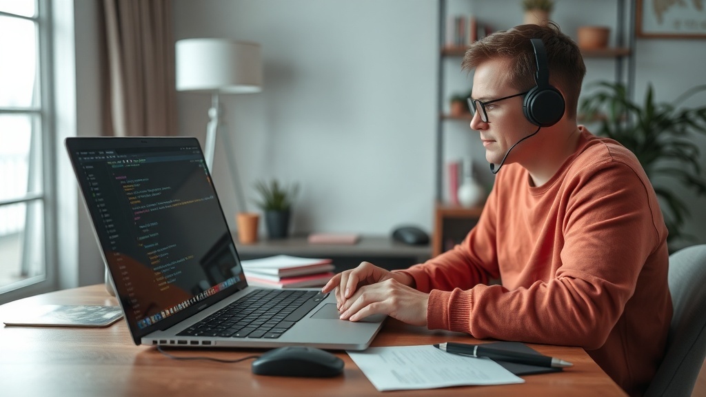 A focused individual working from home as a quality assurance tester, wearing a headset and typing on a laptop.