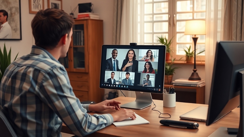 A person participating in a virtual meeting with multiple candidates displayed on the screen.