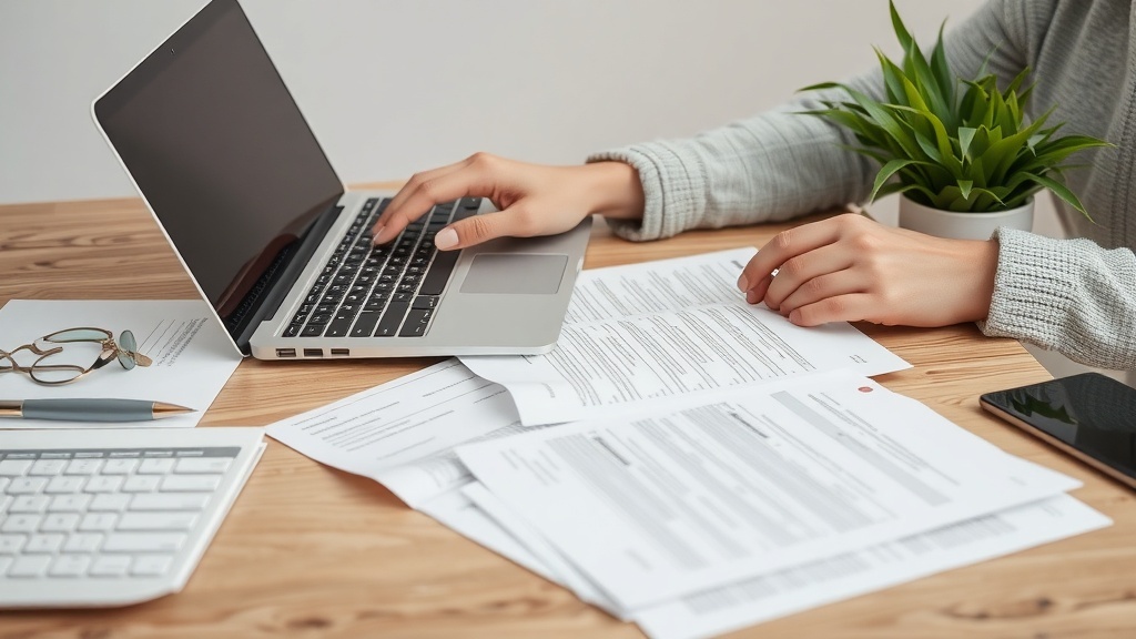 A person typing on a laptop surrounded by papers and a plant on a wooden desk.