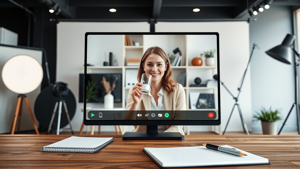 A woman on a video call, smiling and holding a product, representing a remote sales associate.