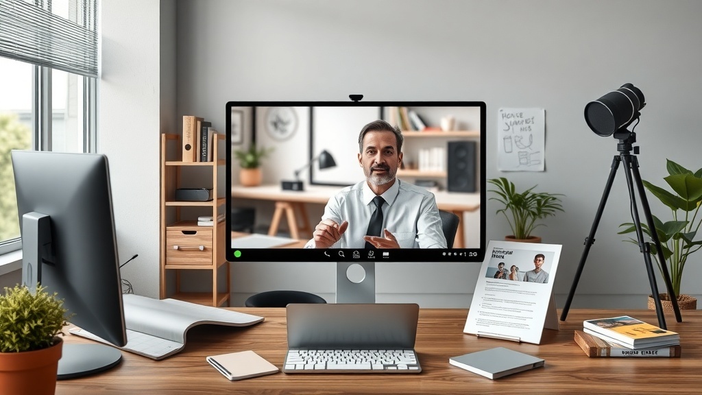 A remote sales consultant engaging in a video call from a home office.