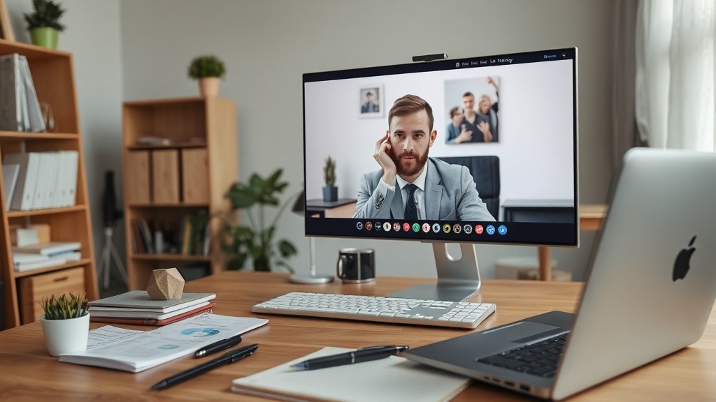 A professional workspace featuring a computer with a video call in progress, showcasing a remote sales executive.