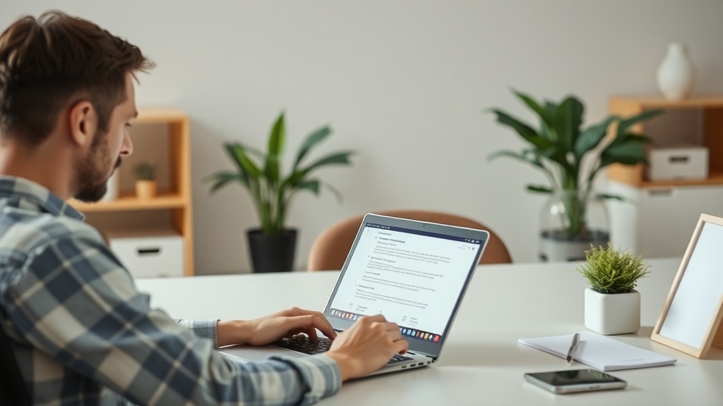 A person working on a laptop in a calm, plant-filled workspace.