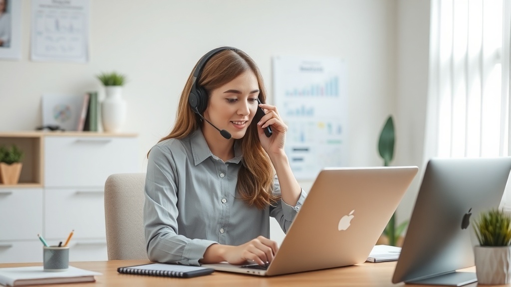 A person with a headset on a sales call, working on a laptop in a home office.