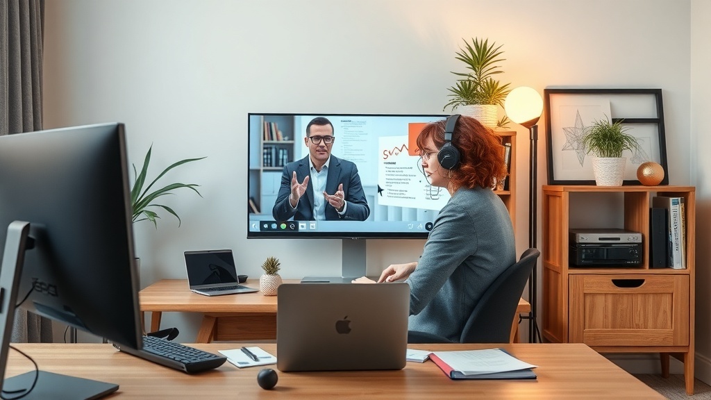 A person participating in a virtual meeting for a remote sales position, with a professional setup including multiple screens and a comfortable workspace.