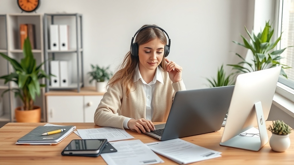 A woman in a home office wearing headphones, working on a laptop and desktop with papers and a plant on the desk.