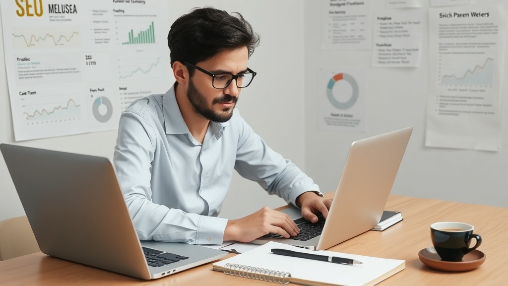 A focused individual working on laptops with SEO charts in the background.