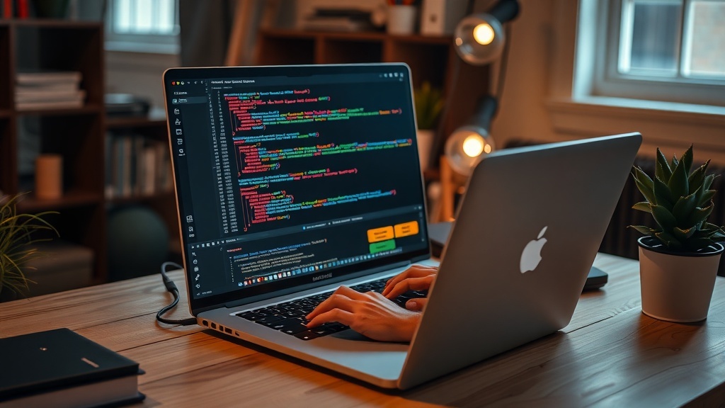 A person typing on a laptop with code displayed on the screen in a cozy workspace.