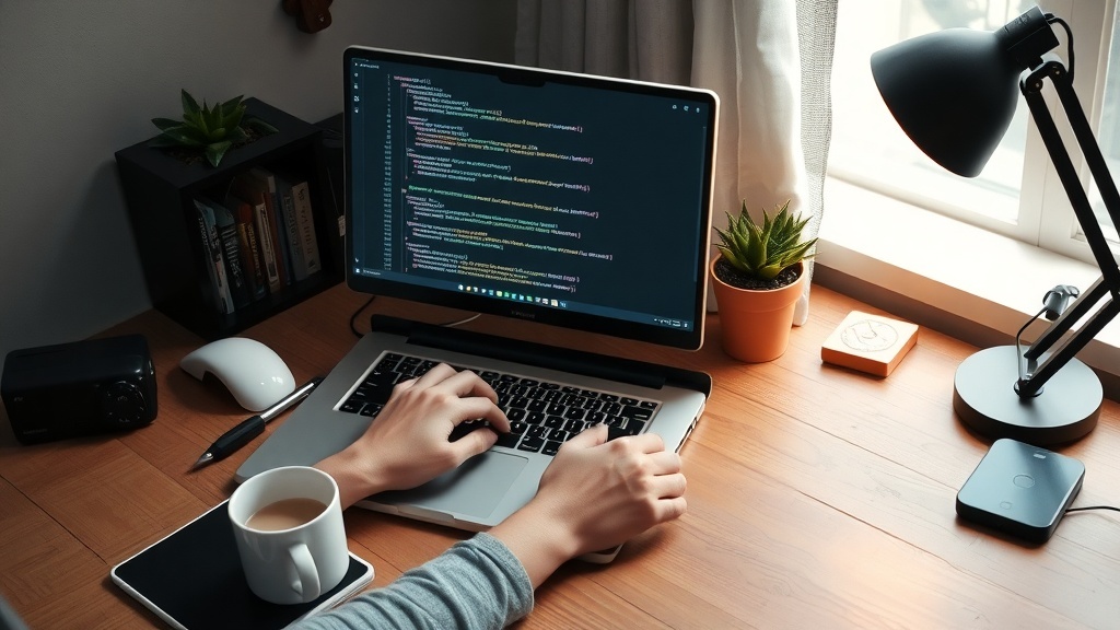A cozy workspace with a laptop displaying code, a cup of coffee, and a plant.