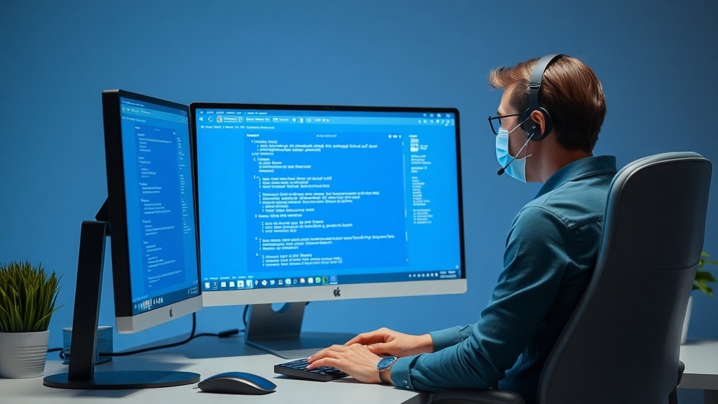 A person working in remote technical support, wearing a headset and using dual monitors.