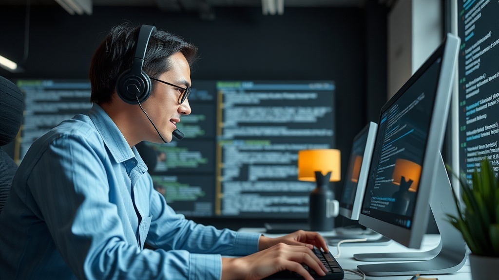 A person providing remote technical support, wearing a headset and working on a computer with multiple monitors displaying code and information.