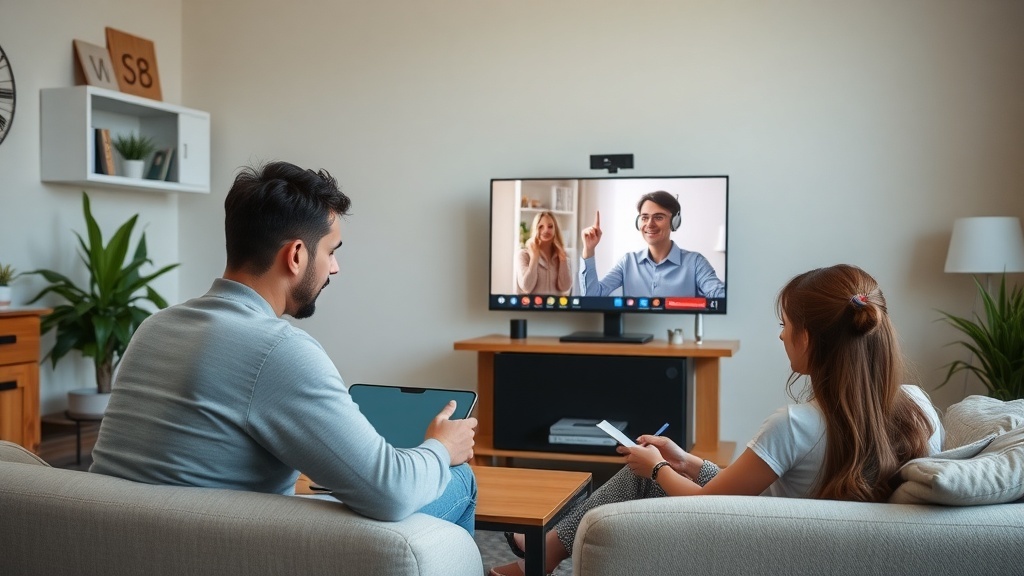 A couple engaged in an online tutoring session, sitting on a couch with a laptop and a tablet.