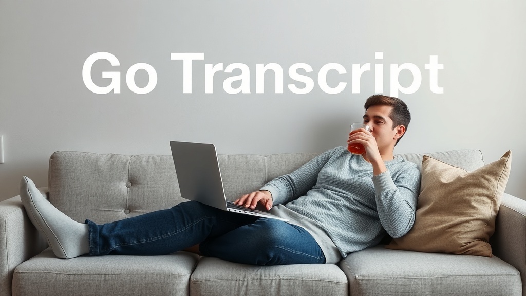 A person working on a laptop at home, enjoying a drink, with the text 'Go Transcript' above.