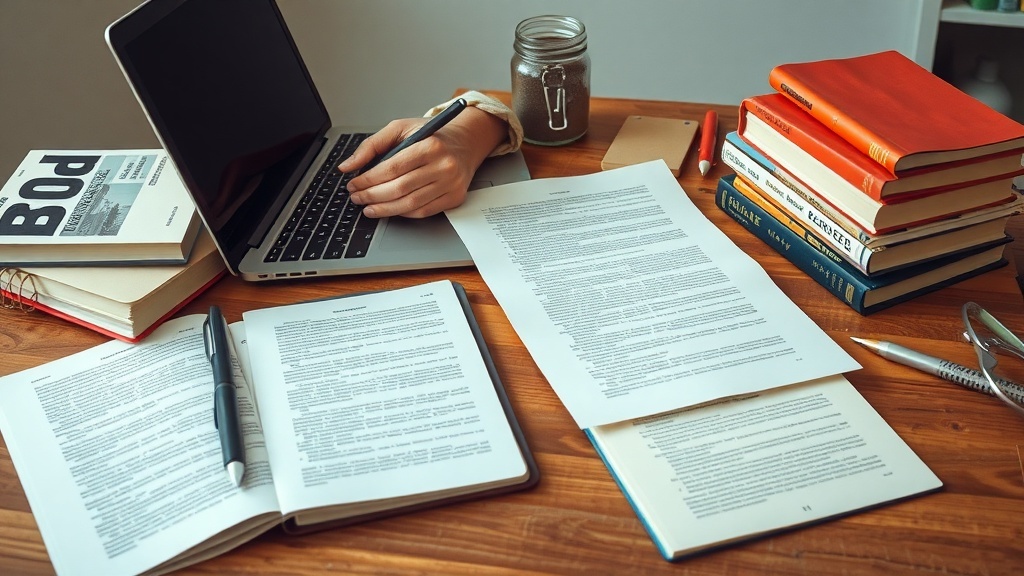 A workspace with a laptop, books, and papers, representing remote writing and editing jobs.
