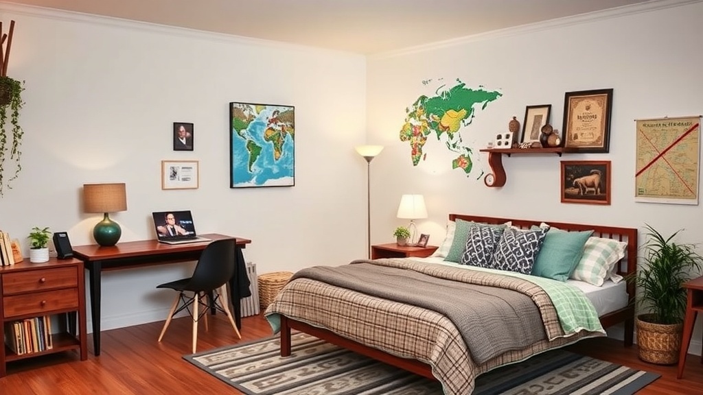 Cozy bedroom with a world map, desk, and inviting decor