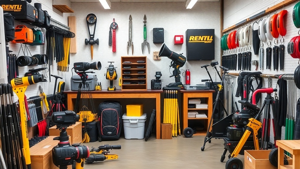 A well-organized rental space filled with various tools and equipment for rent.