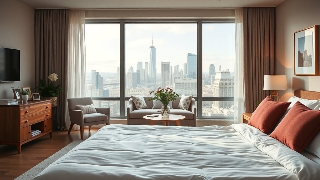 A cozy bedroom with a view of the city skyline, featuring a bed, seating area, and decorative elements.