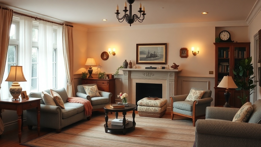 A cozy living room with comfortable seating, warm lighting, and a welcoming atmosphere.