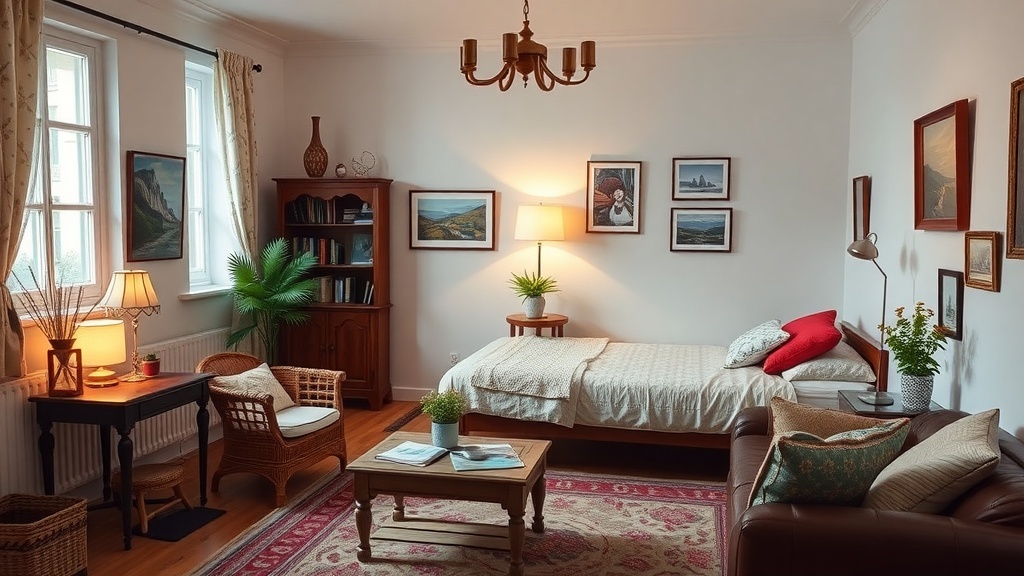 A cozy room with a bed, a small table, and decorative elements, perfect for Airbnb rentals.