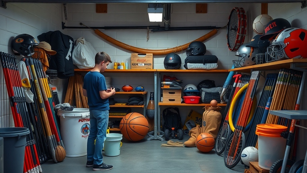 A teenager looking at sports equipment in a garage, including basketballs, helmets, and various sports gear.
