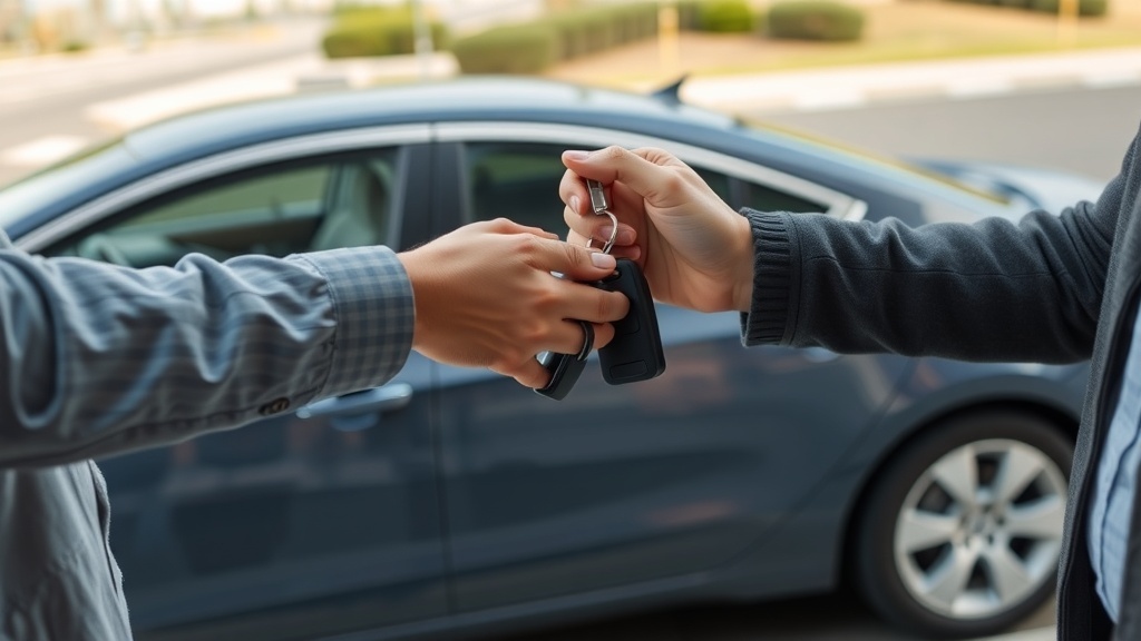 Two people exchanging car keys in front of a parked car.