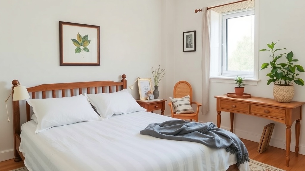 A cozy bedroom with a wooden bed, plants, and natural light.