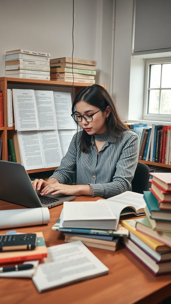 A person working on a laptop surrounded by books and papers in a study environment.