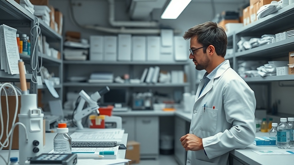 A focused research scientist in a laboratory setting, surrounded by scientific equipment.