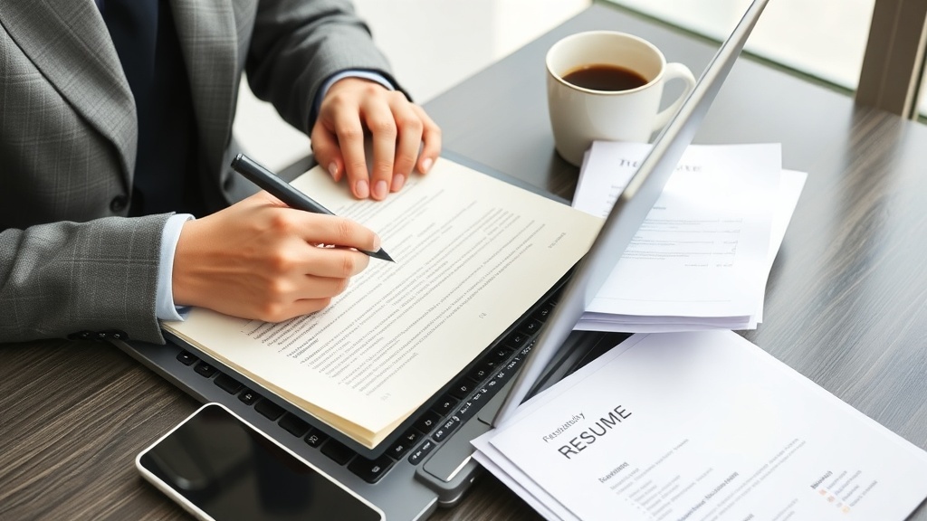 A person writing a resume at a desk with a laptop and a cup of coffee.