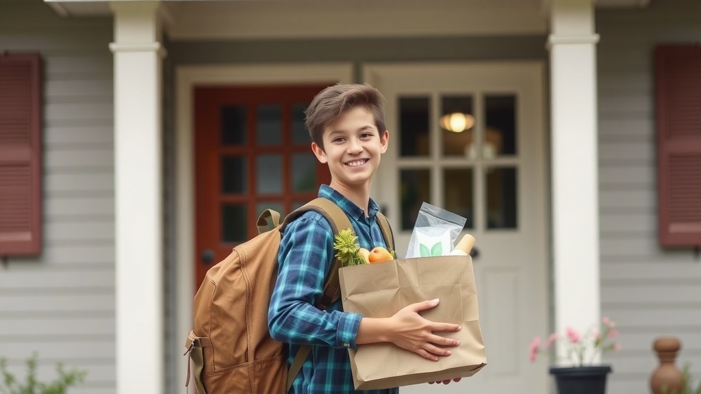 A smiling teen holding a bag of groceries in front of a house.