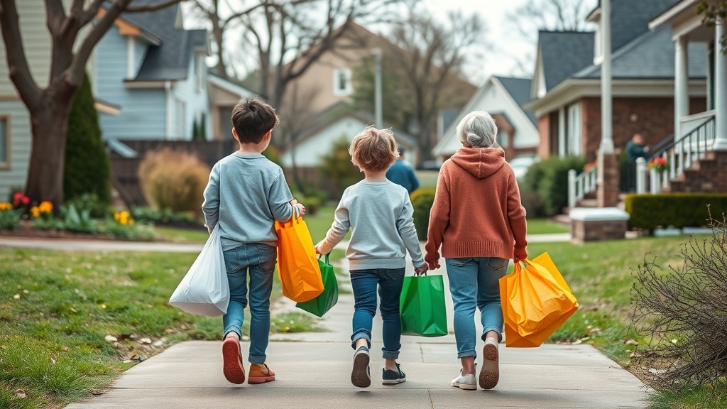 Three kids walking down a neighborhood street carrying colorful shopping bags.